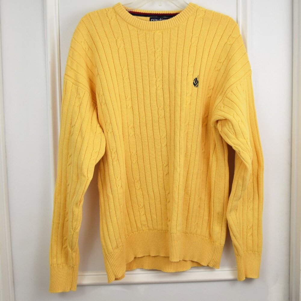 Nautica Crewneck Pullover Sweater Men XL Extra Large Cable Knit Yellow Preppy